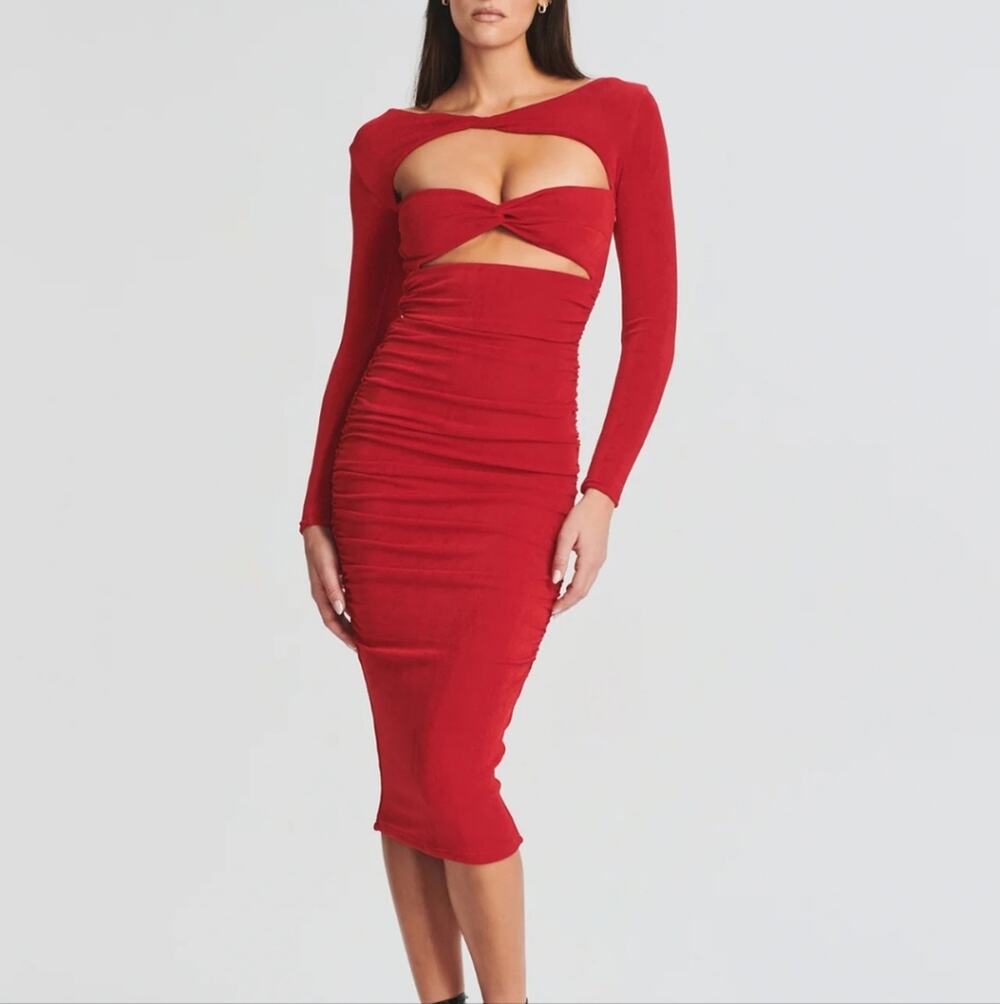 NWT SER.O.YA Eden Cut Out Midi Dress - Red Long Sleeve Bodycon Retrofête - XXS